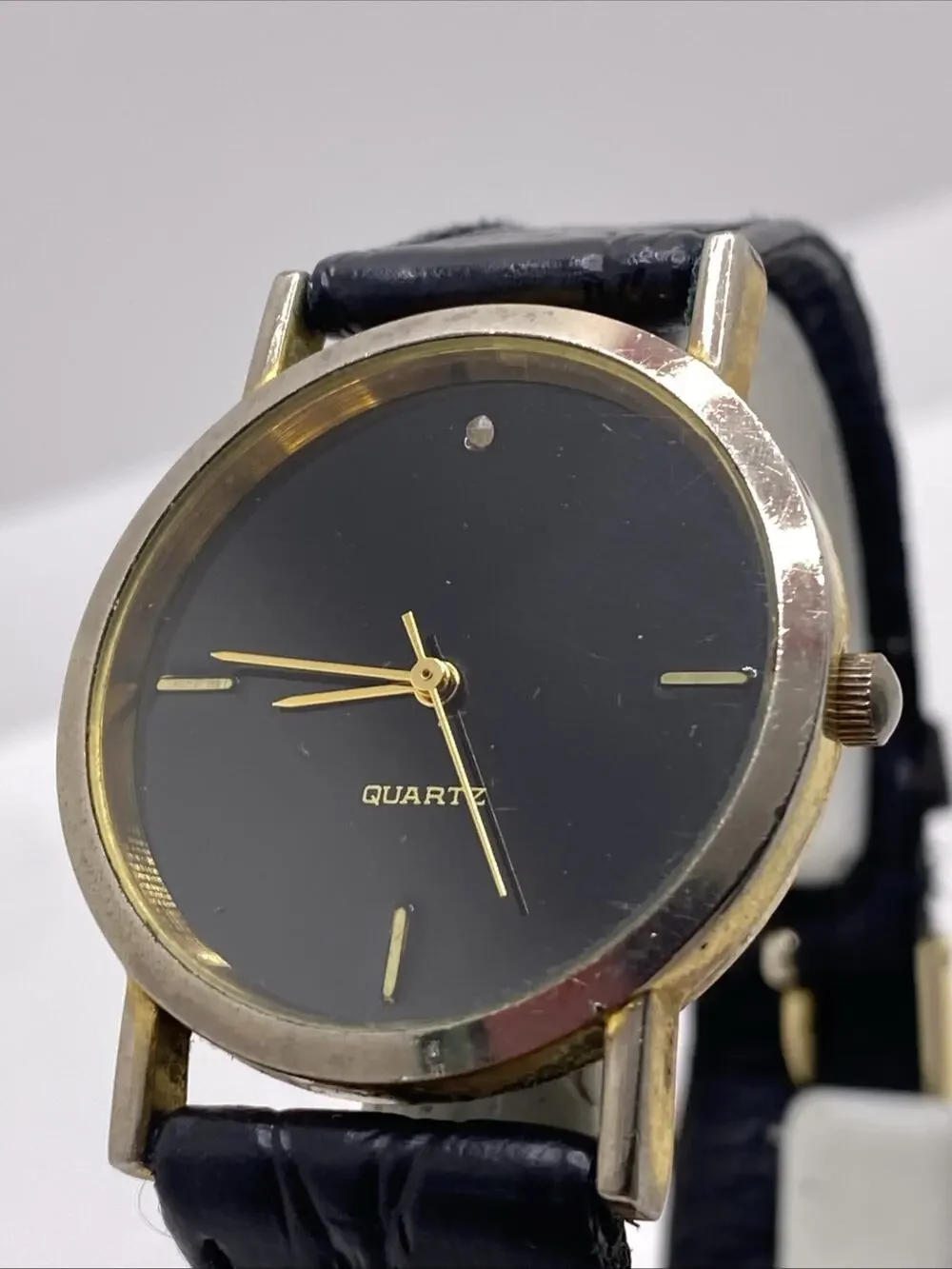 Vintage Gold Tone Black Leather Watch Worn Band New Battery